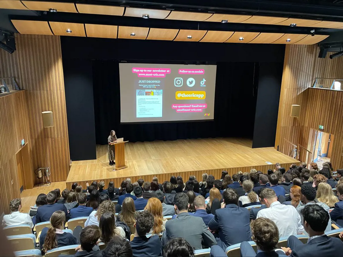Senior pupil at the career fair in the theatre at Ibstock Place School, a private school near Richmond, Barnes, Putney, Kingston, and Wandsworth.