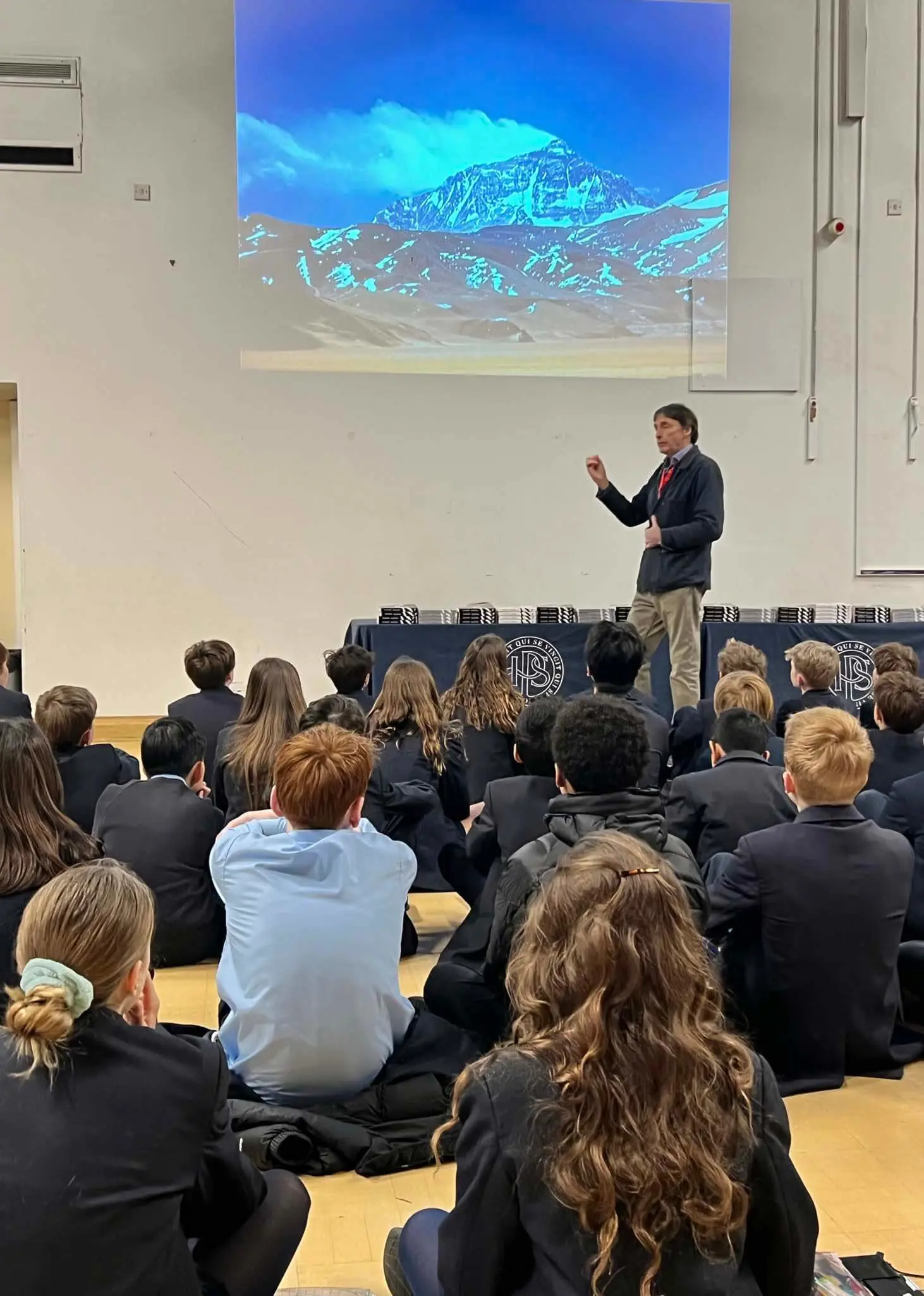 Pupils listening to Matt Dickinson speak about his experience on the Everest mountain.