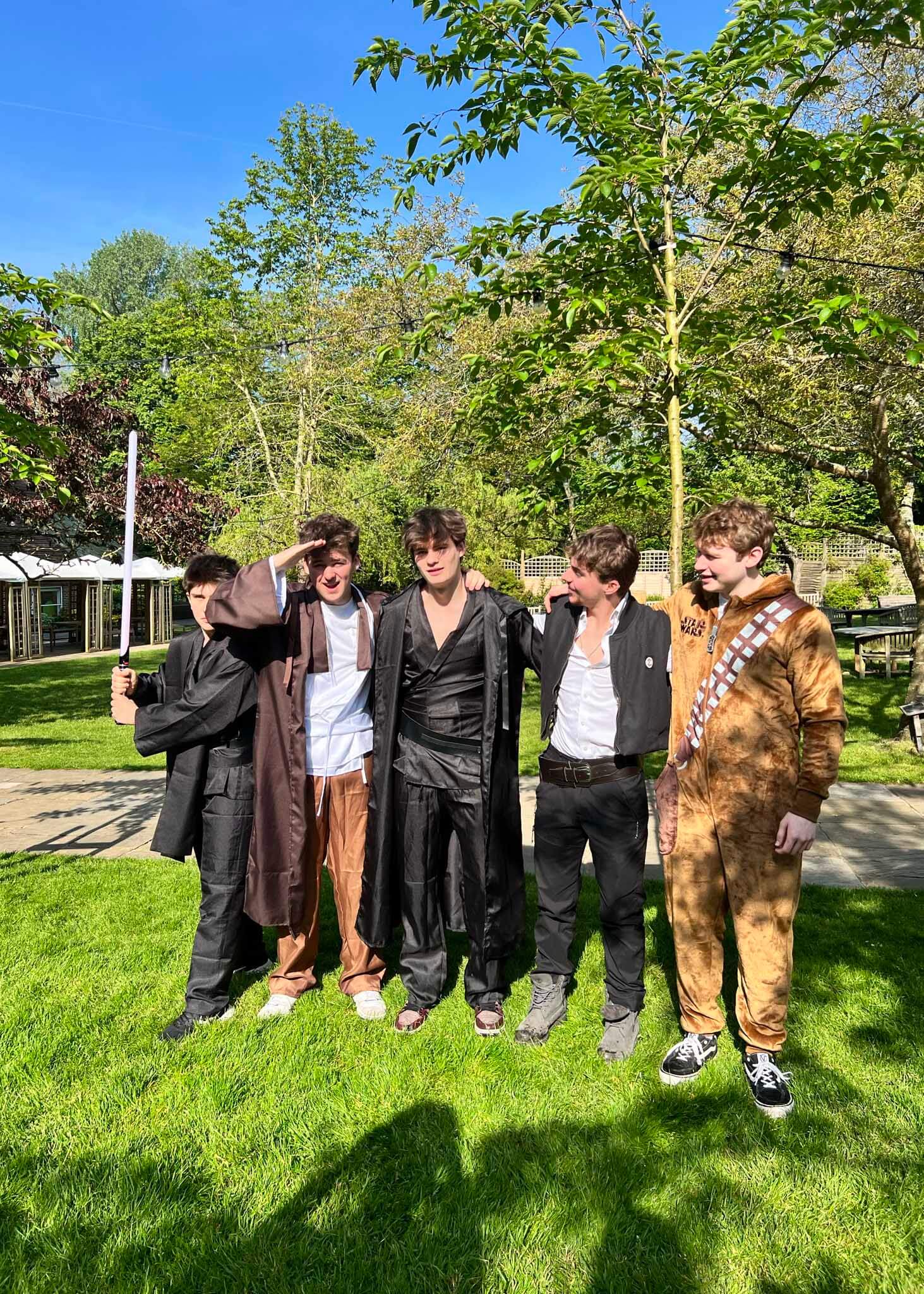 Upper sixth form pupils in fancy dress for their last day at  Ibstock Place School, a private school near Richmond, Barnes, Putney, Kingston, and Wandsworth on an overseas trip. 