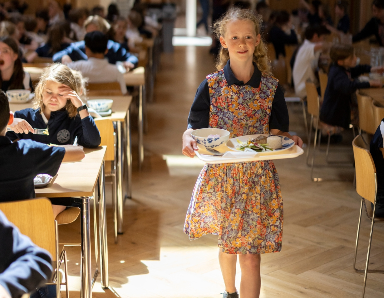 Prep pupils having lunch in the Great Hall at  Ibsto ck Place School, a private school near RichmondP