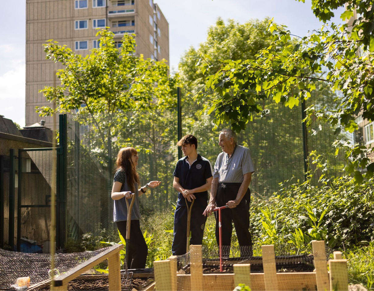 Sixth form pupils learning about gardening at Ibstock Place School, a private school near Richmond, Barnes, Putney, Kingston, and Wandsworth.