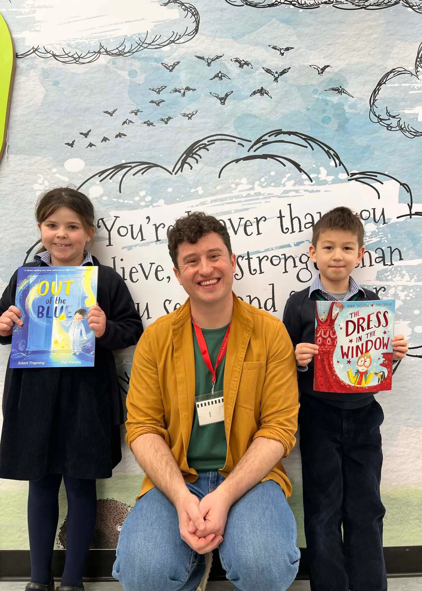 Robert Tregoning standing with the prep pupils with his book. Prep pupils have had a quite few authors visit them this term like Eloise Smith, Laura Bates and Robert Tregongoing.